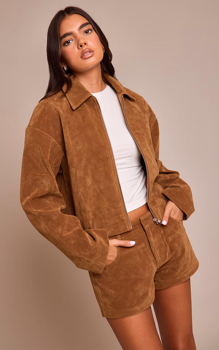 Tan Suede Zip Up Pleated Cropped Jacket
