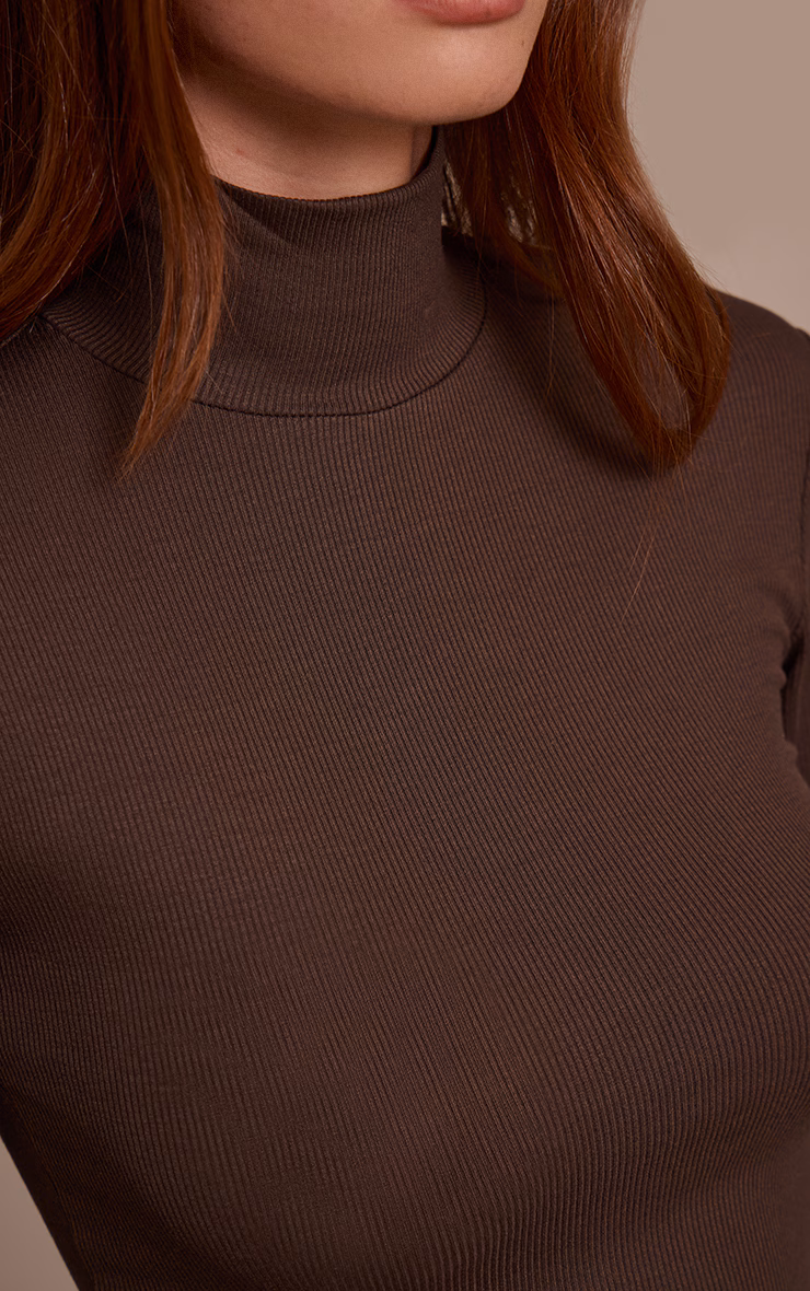 Dark Chocolate Soft Rib High Neck Fitted Long Sleeved Top