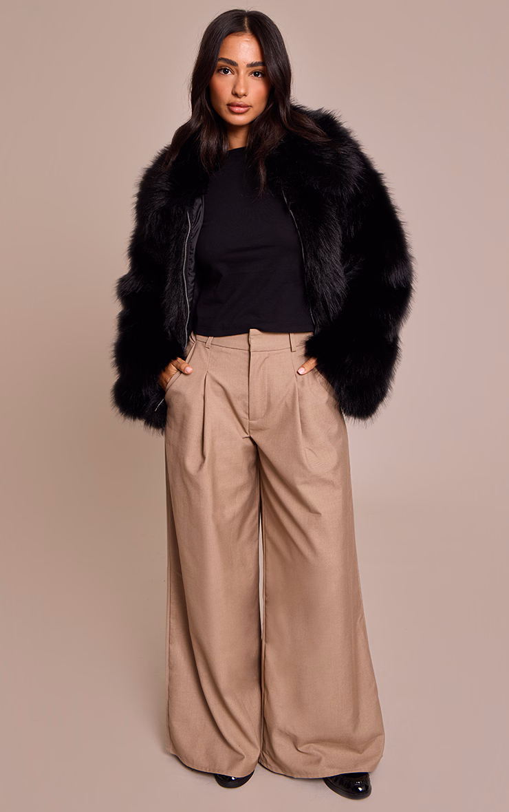 Petite Black Oversized Collar Faux Fur Coat