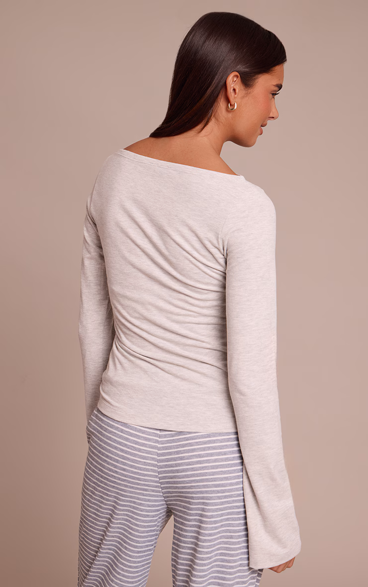 Grey Marl Soft Cotton Boat Neck Flared Long Sleeve Top