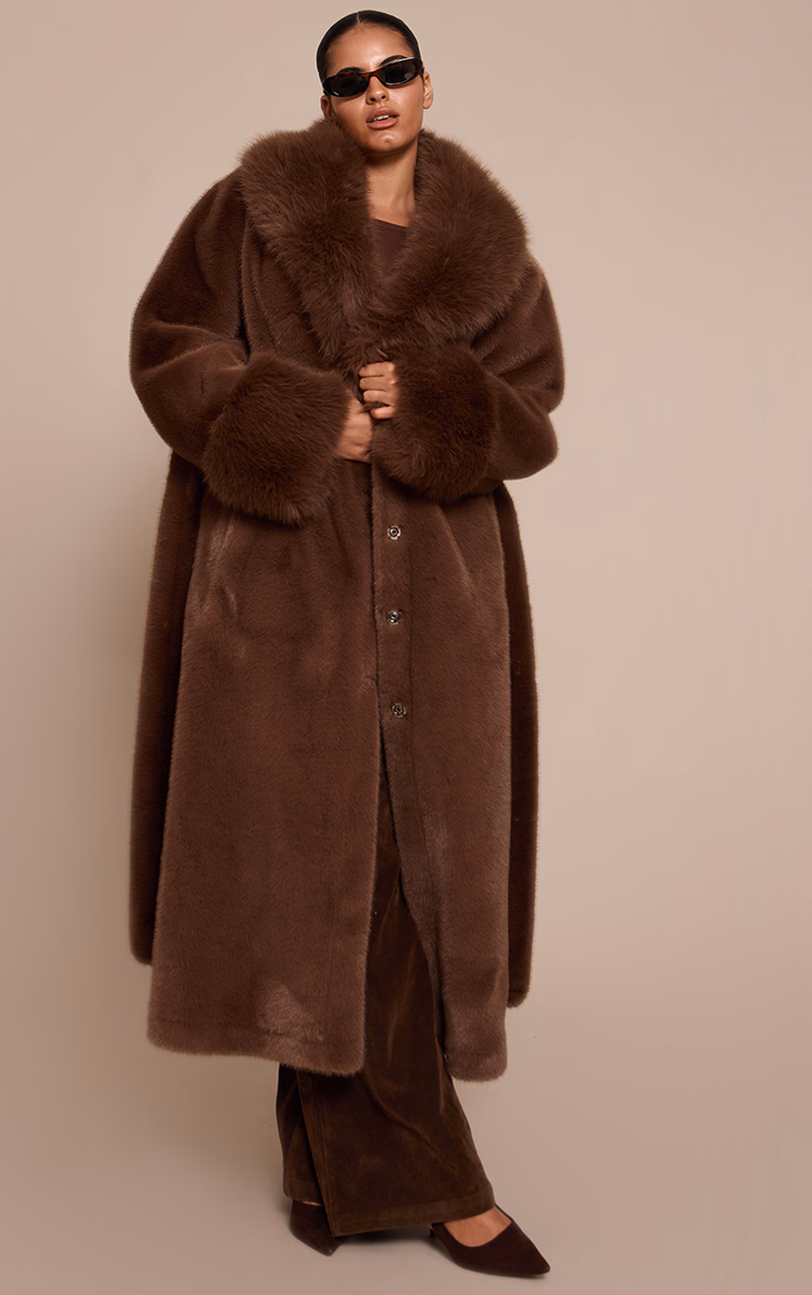 Plus Chocolate Faux Fur Self Tie Oversized Coat