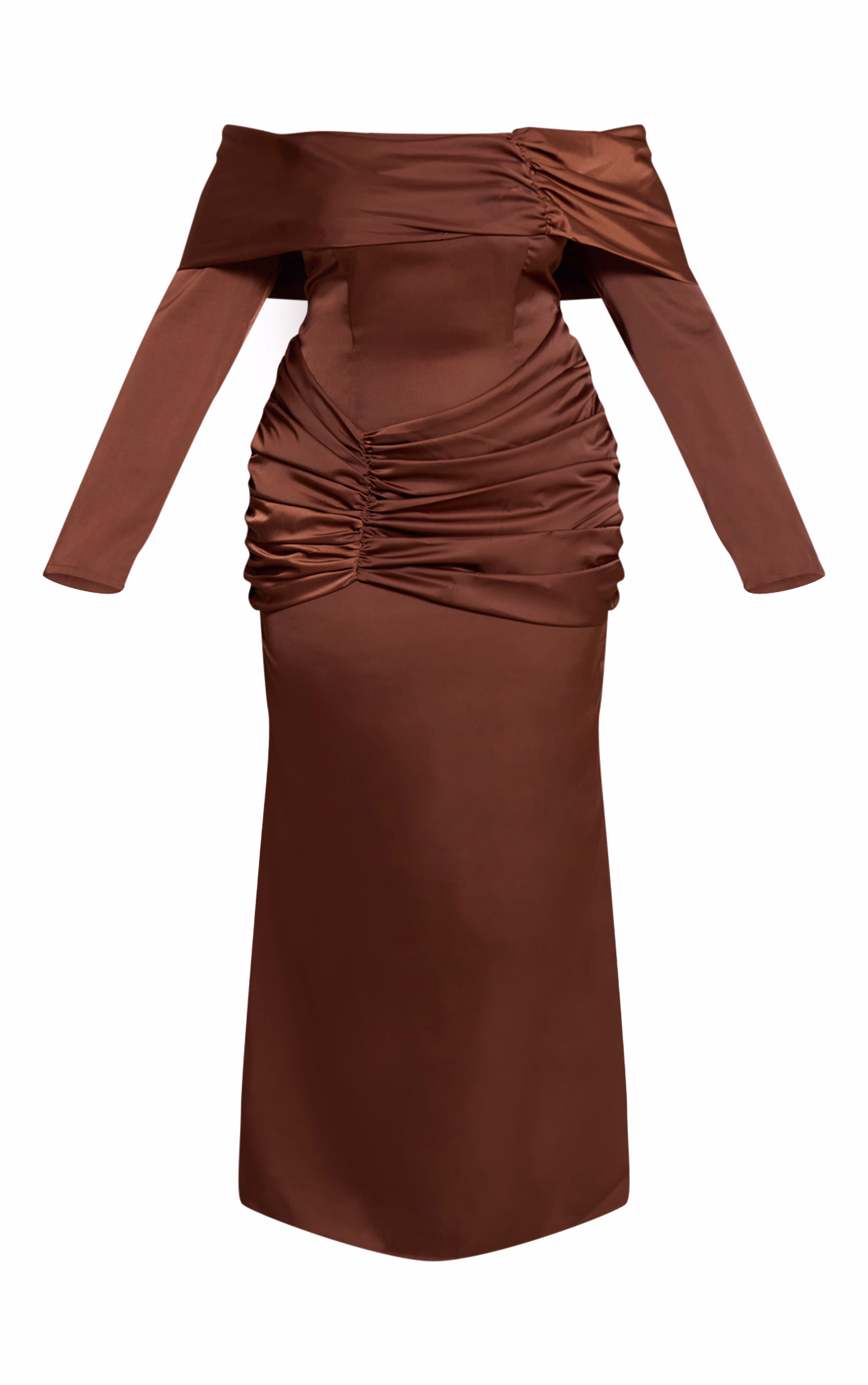 Plus Chocolate Satin Ruched Detail Off Shoulder Maxi Dress