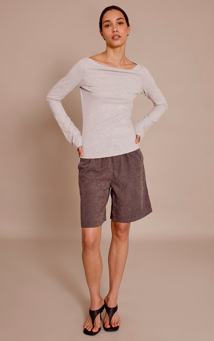 Grey Marl Soft Cotton Ruched Asymmetric Long Sleeve Top