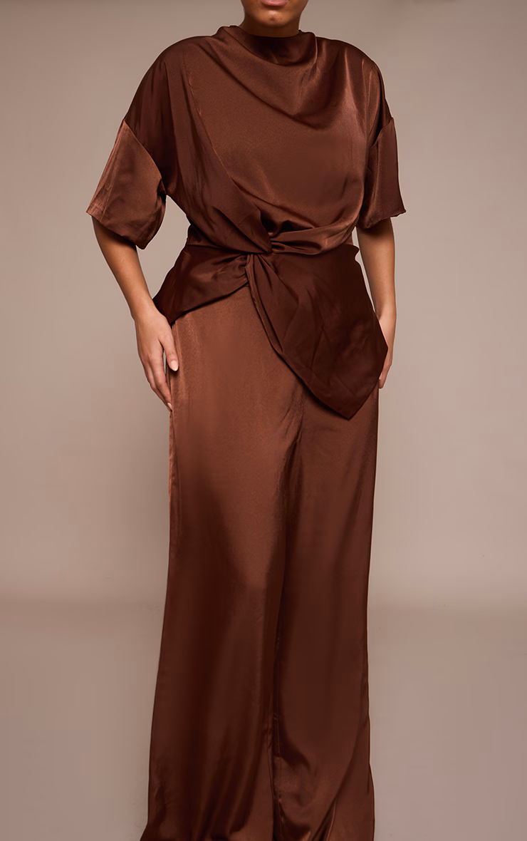 Plus Chocolate Satin Wide Leg Pants