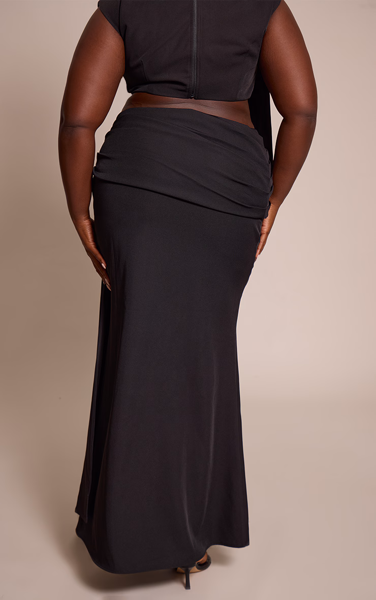 Plus Premium Black Woven Draped Fishtail Maxi Skirt