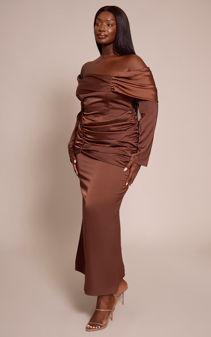 Plus Chocolate Satin Ruched Detail Off Shoulder Maxi Dress