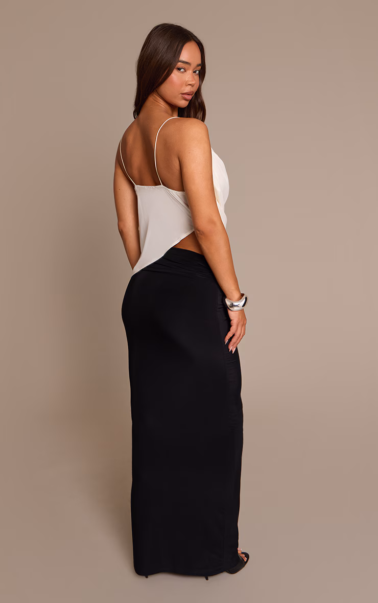 Black Slinky Knot Fold Over Detail Maxi Skirt