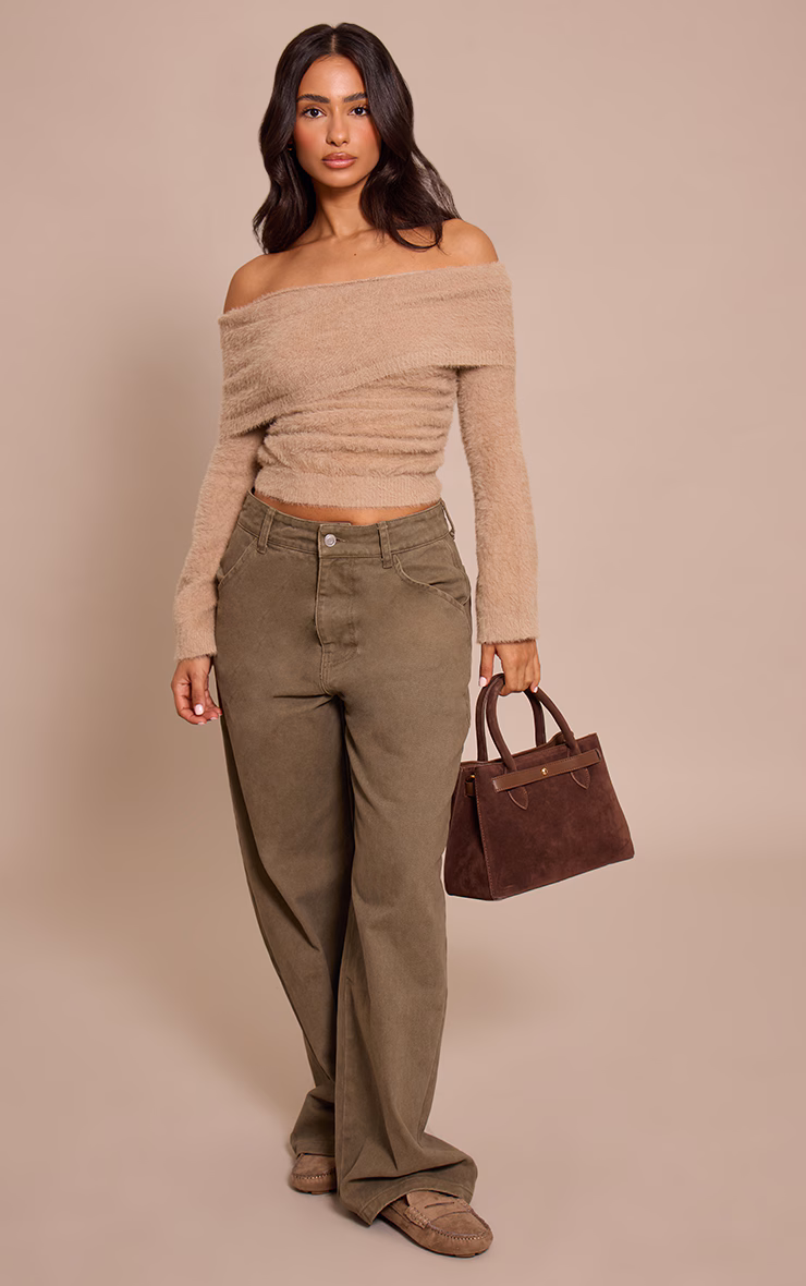 Petite Fluffy Beige Bardot Knitted Sweater