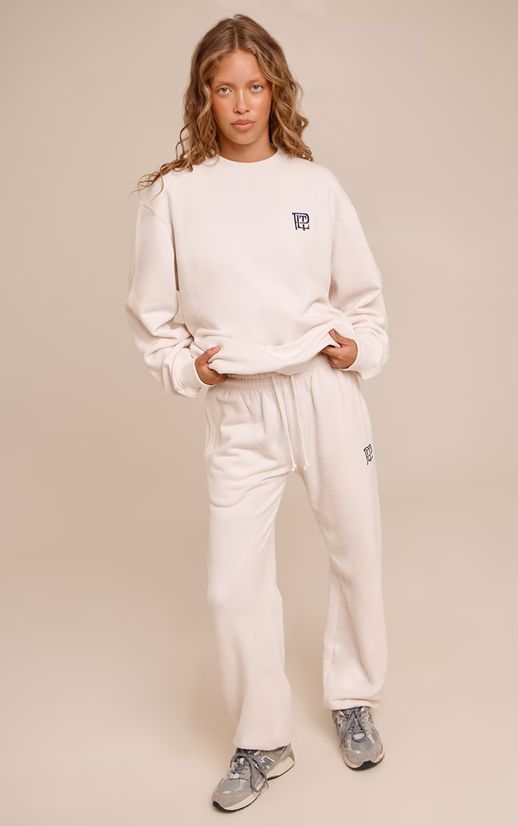 Cream PLT Embroidered Cotton Fleece Cuffed Sweat Pants