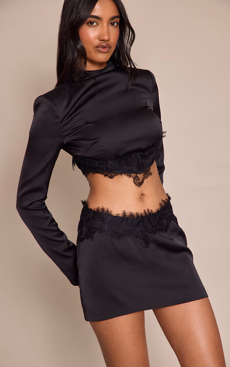 Black Satin Lace Trim Mini Skirt
