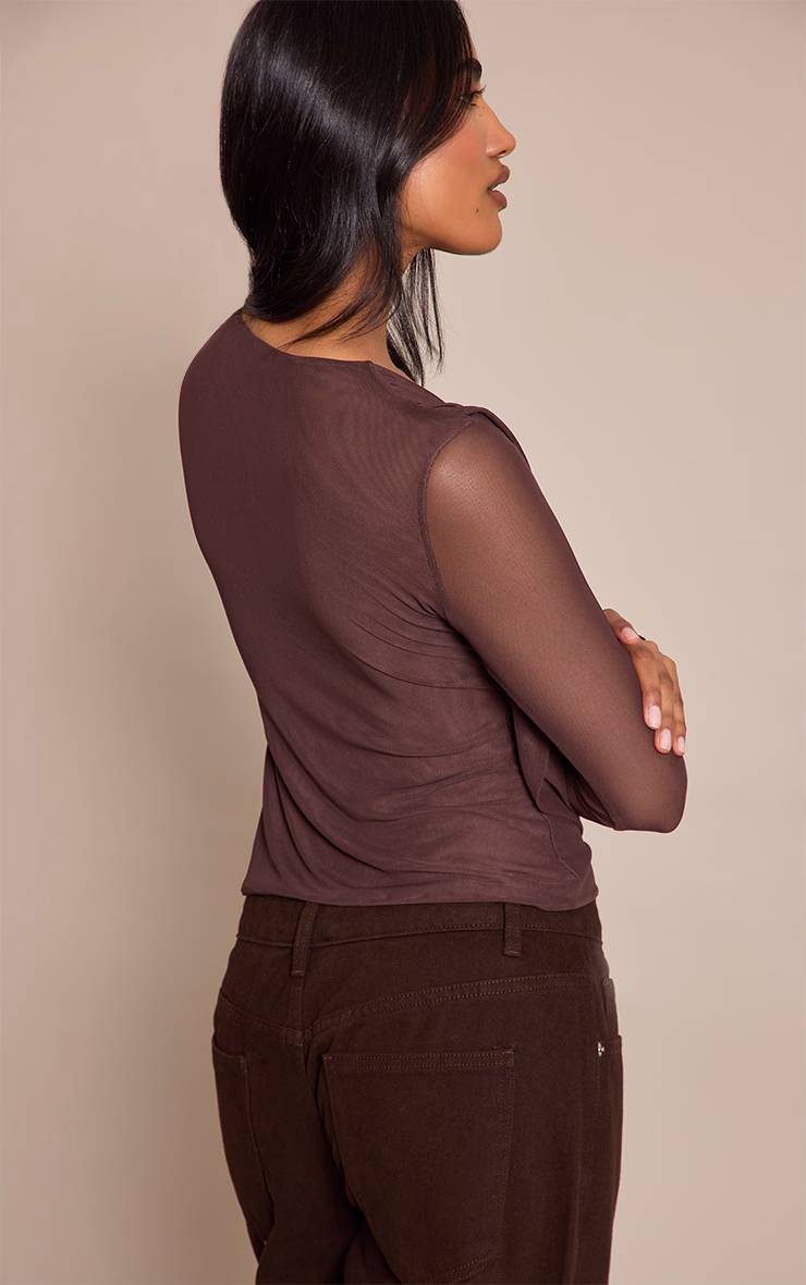 Chocolate Mesh Cowl Long Sleeve Top