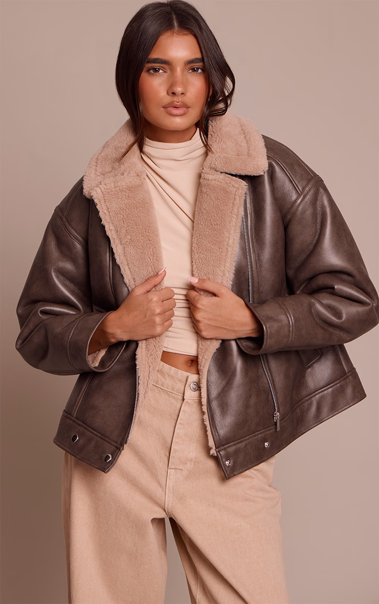 Brown Borg Collar Faux Leather Aviator