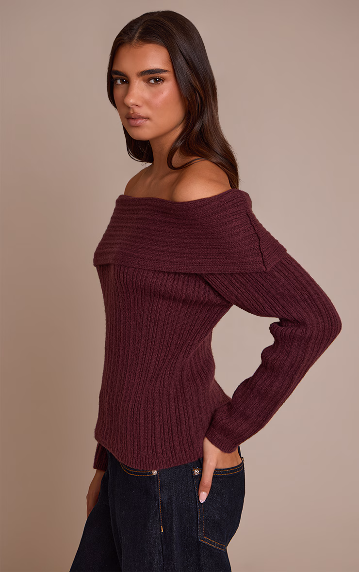 Burgundy Off The Shoulder Knit Long Sleeve Top
