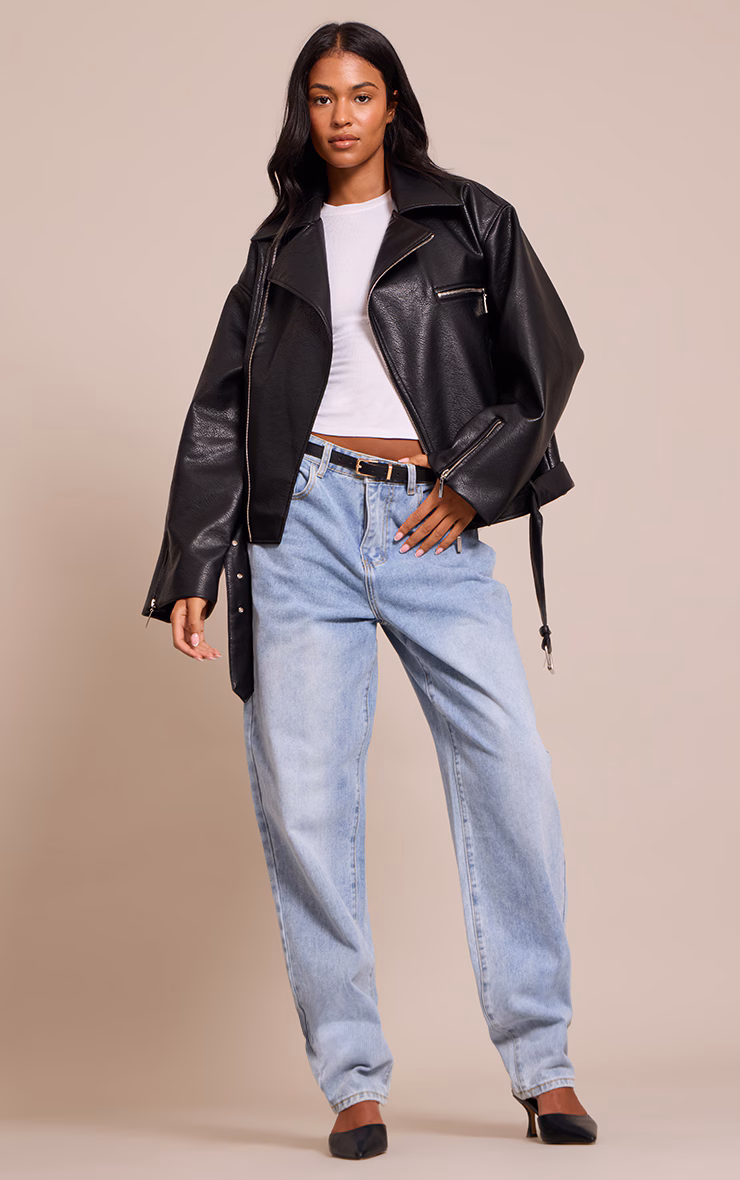 Tall Black Faux Leather Oversized Biker Jacket