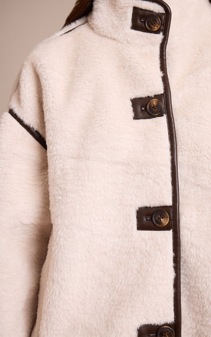 Cream Borg Faux Leather Contrast Coat