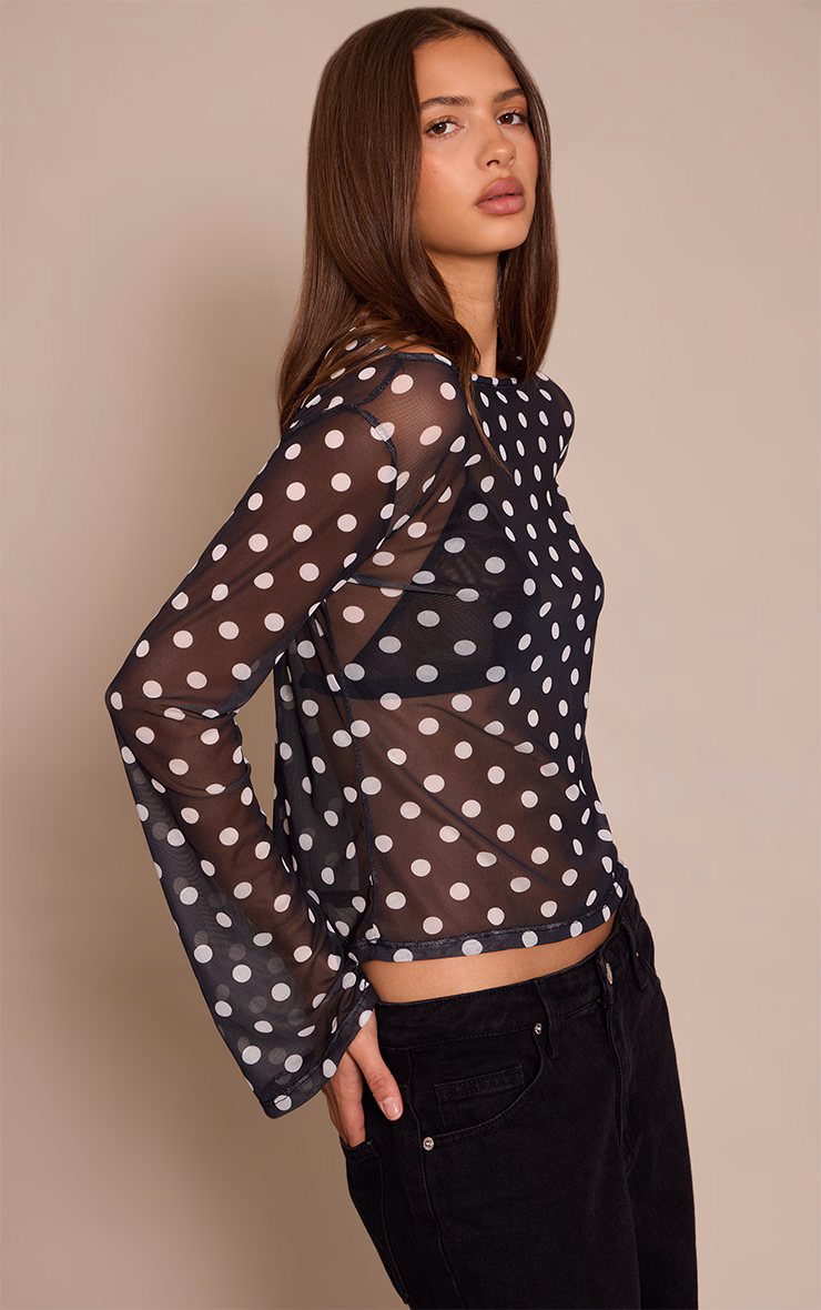 Black Polka Dot Mesh Flared Long Sleeve Top