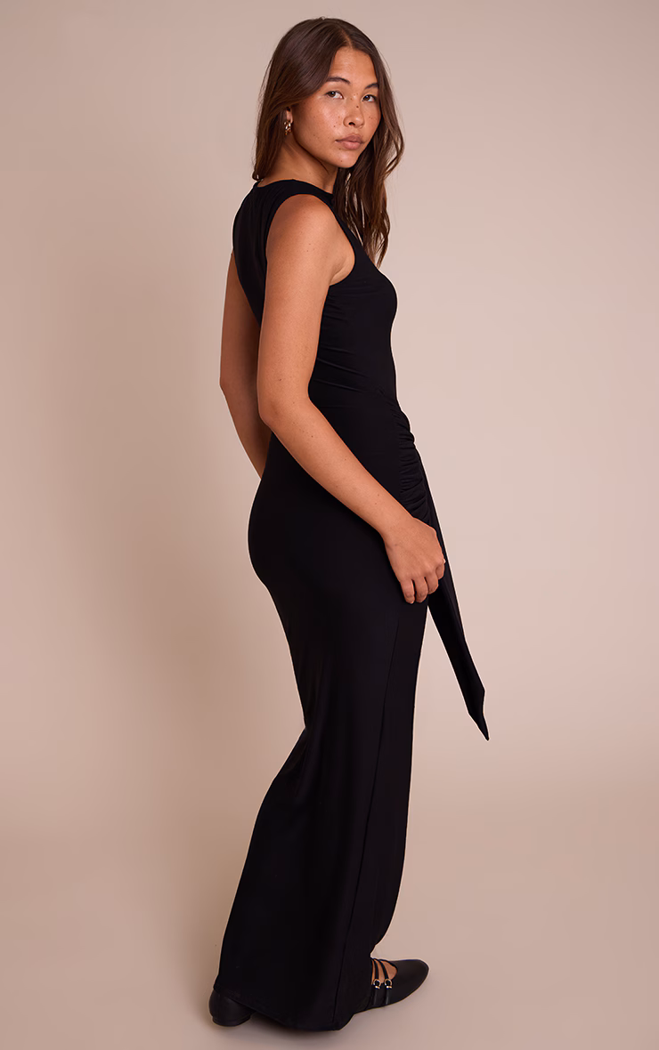 Black Jersey Boat Neck Wrap Detail Maxi Dress