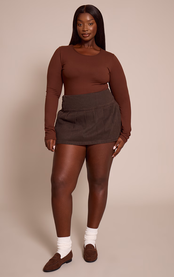 Plus Dark Chocolate Floaty Pleated Denim Mini Skirt