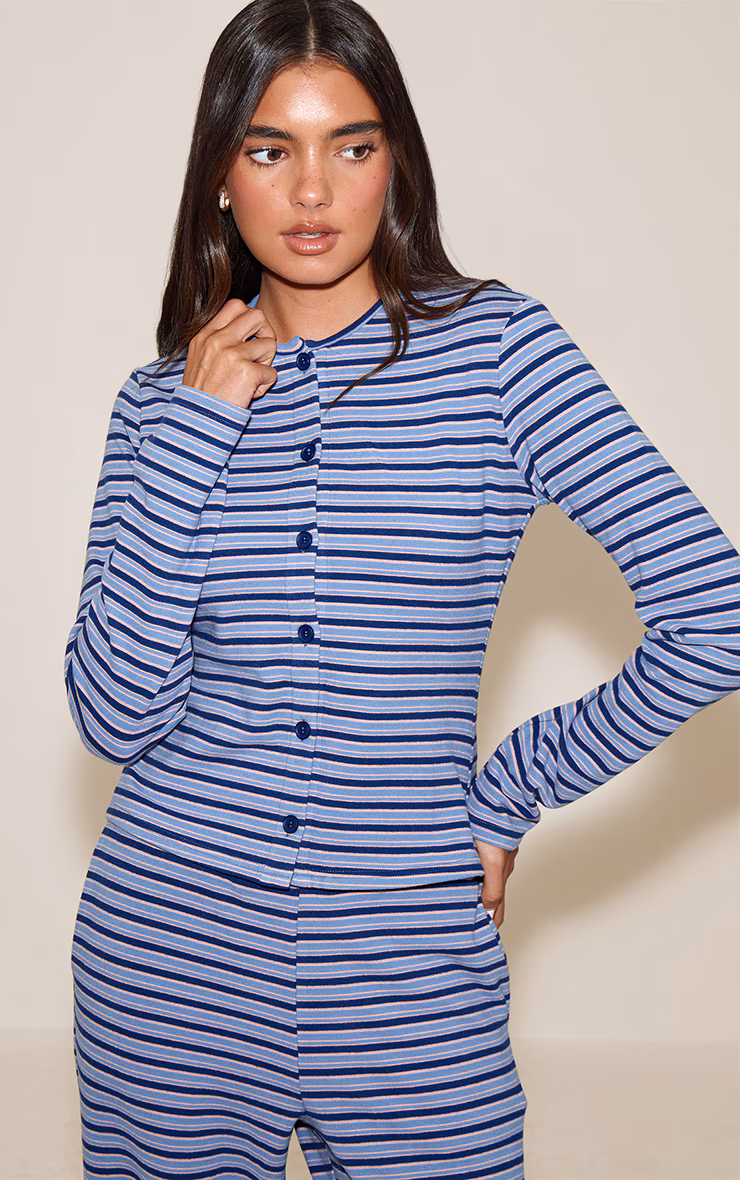 Navy Soft Fleece Pinstripe Button Up Top