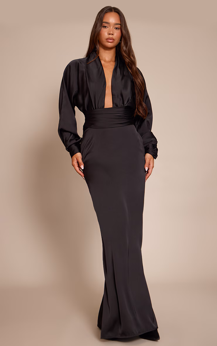 PLT Label Black Satin Long Sleeve Plunge Maxi Dress