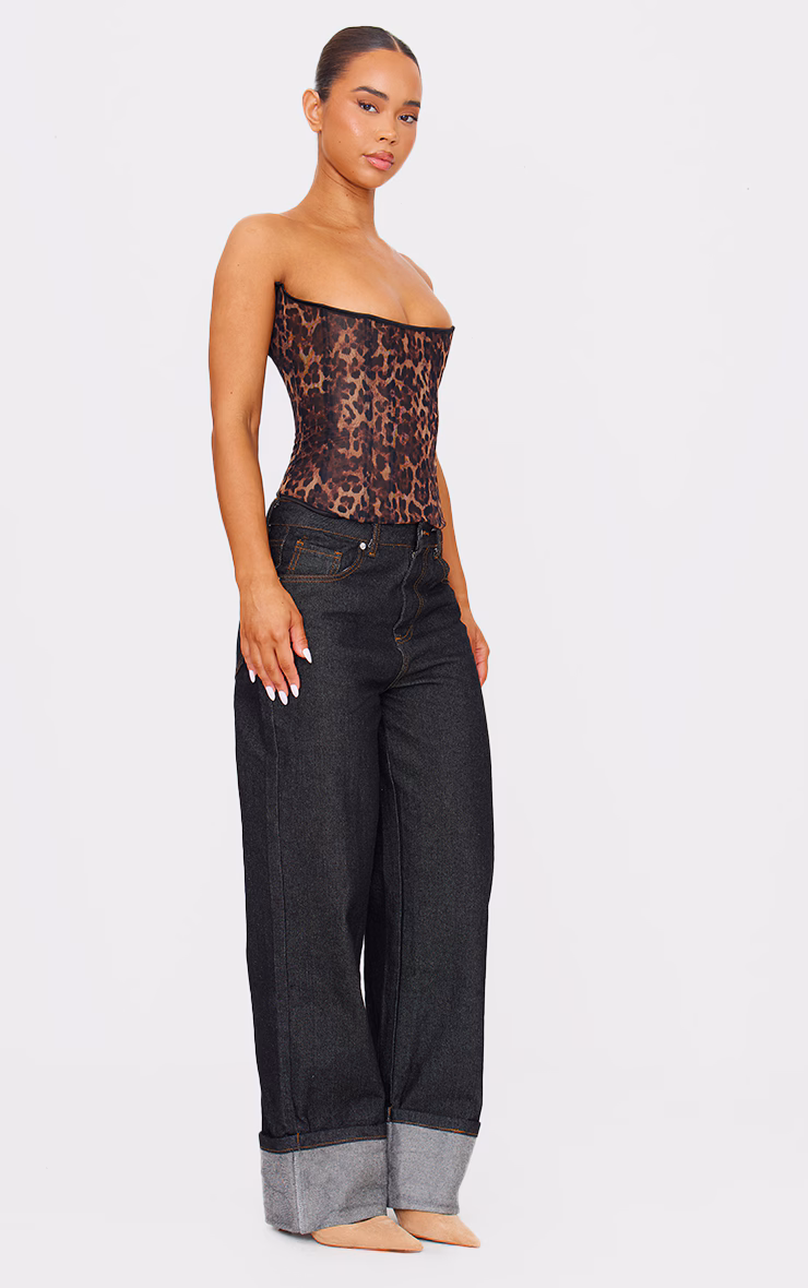 Leopard Print Mesh Lace Up Detail Bandeau Corset