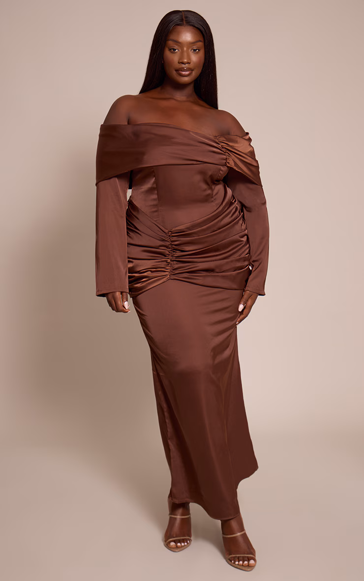 Plus Chocolate Satin Ruched Detail Off Shoulder Maxi Dress