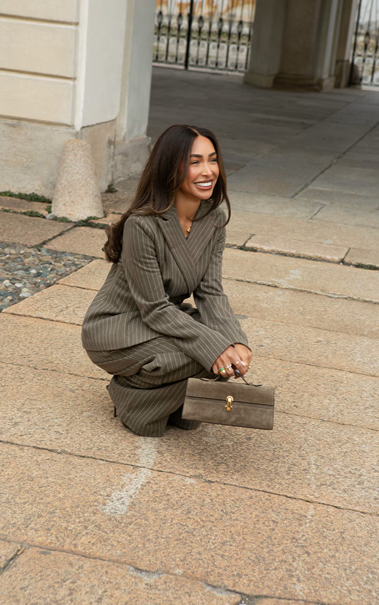 Khaki Woven Pinstripe Cinched Waist Blazer