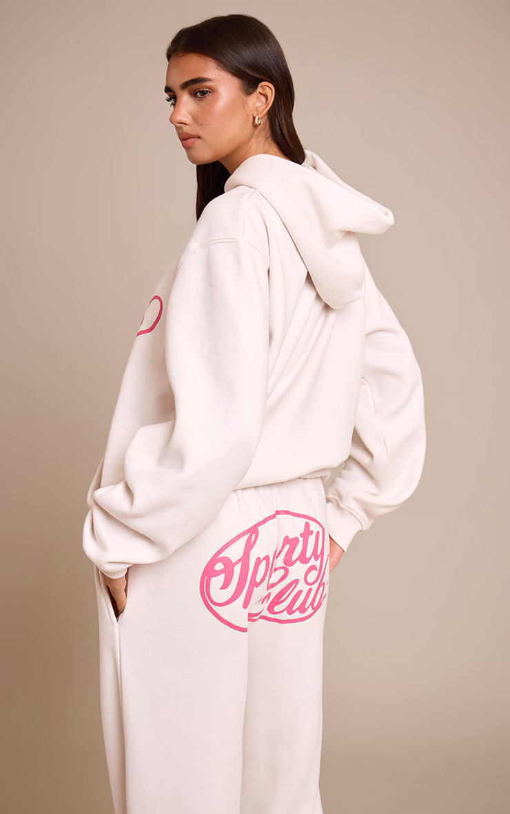 Cream Sports Club Cotton Fleece Oversized Pull Over Hoodie