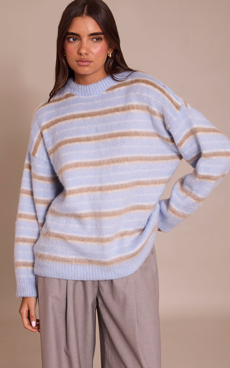 Brown Striped Brushed Knit Sweater