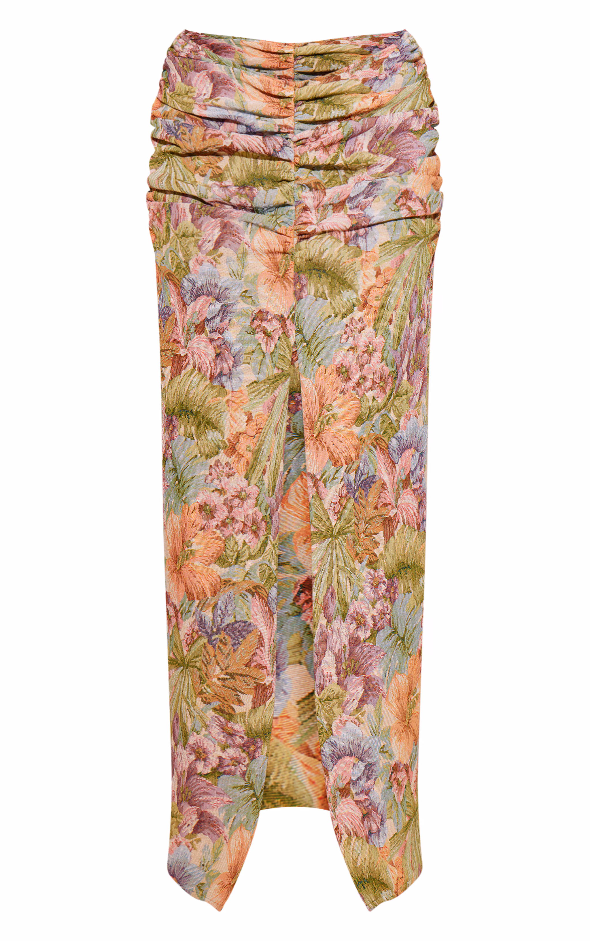 Green Jacquard Ruched Waist Split Front Maxi Skirt