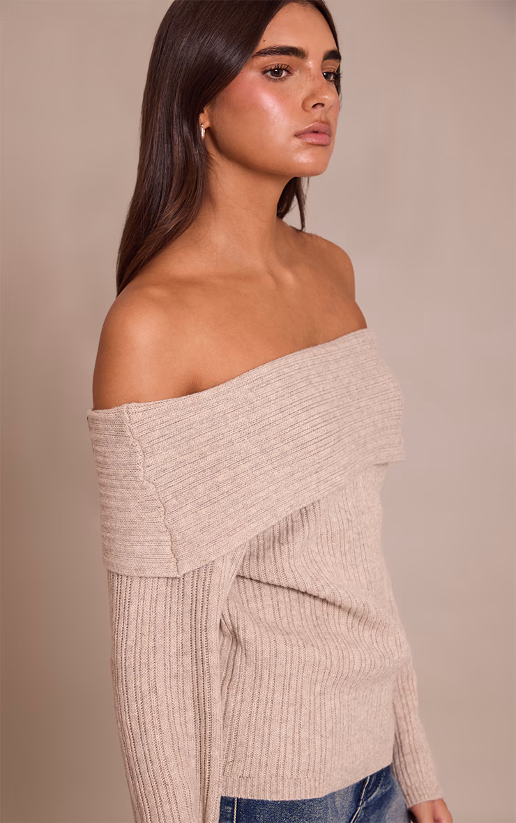 Oatmeal Off The Shoulder Knit Long Sleeve Top