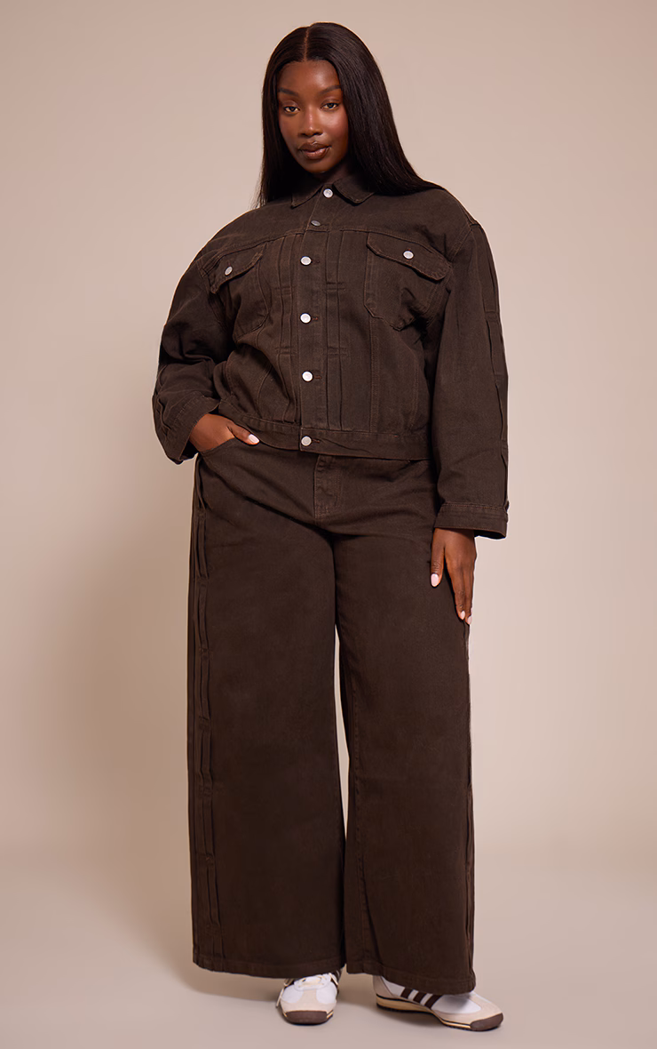 Plus Dark Chocolate Pleat Detail Boxy Denim Jacket