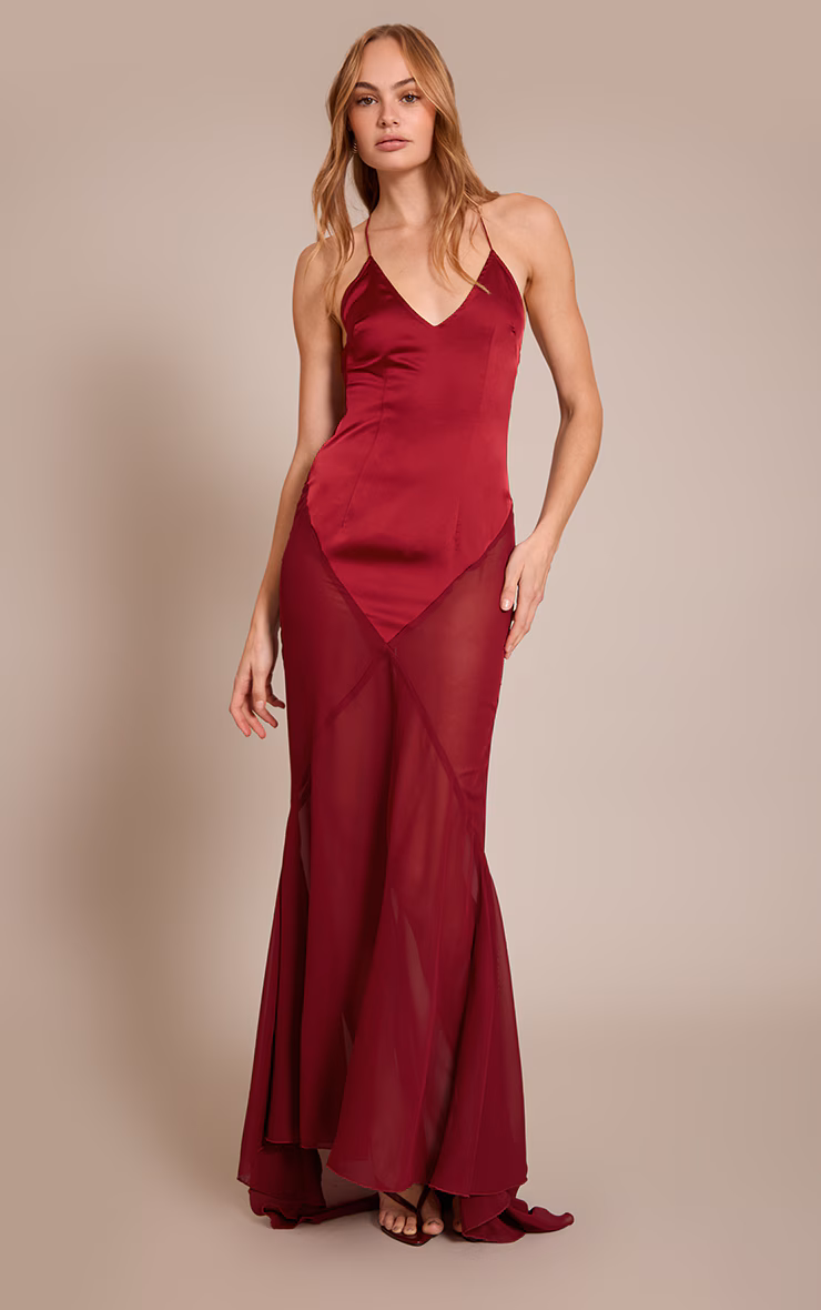 Plum Satin Contrast V Neck Maxi Dress
