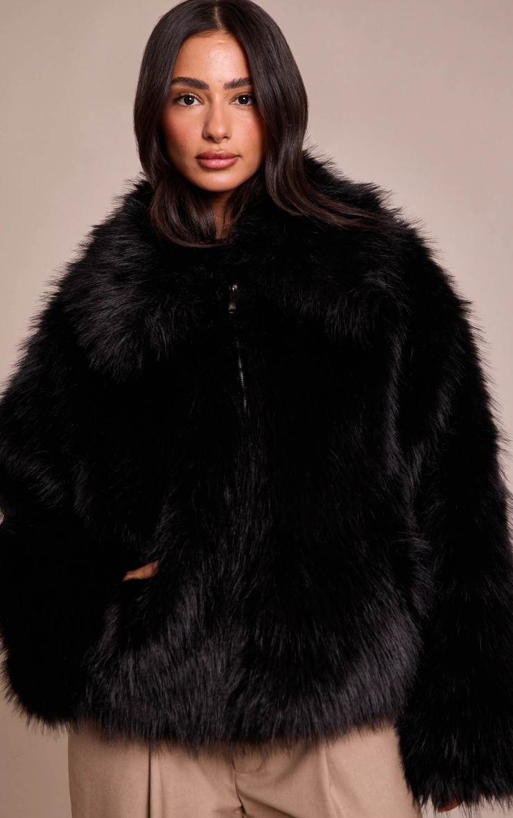 Petite Black Oversized Collar Faux Fur Coat