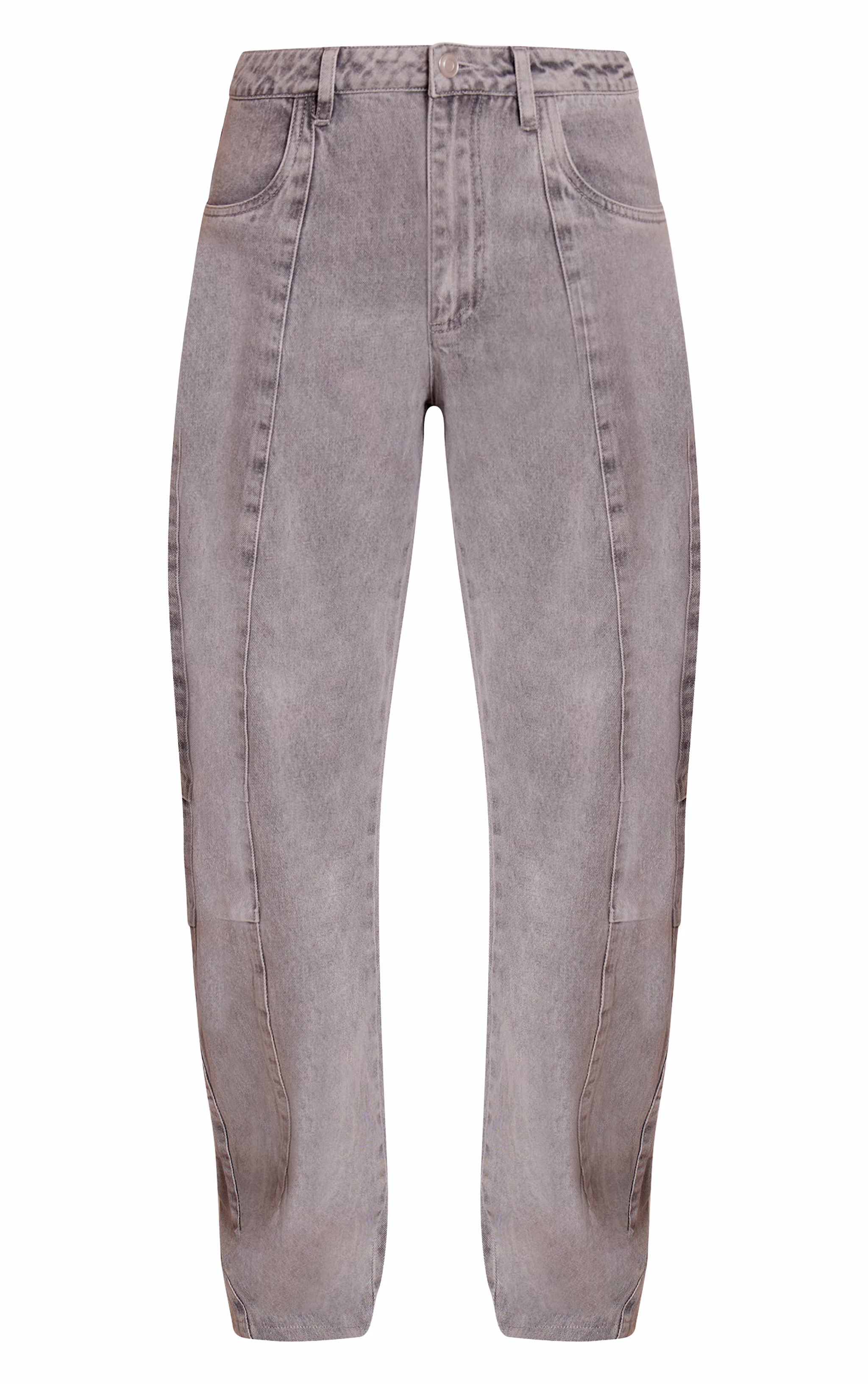 Grey Mid Rise Seam Detail Barrel Jeans