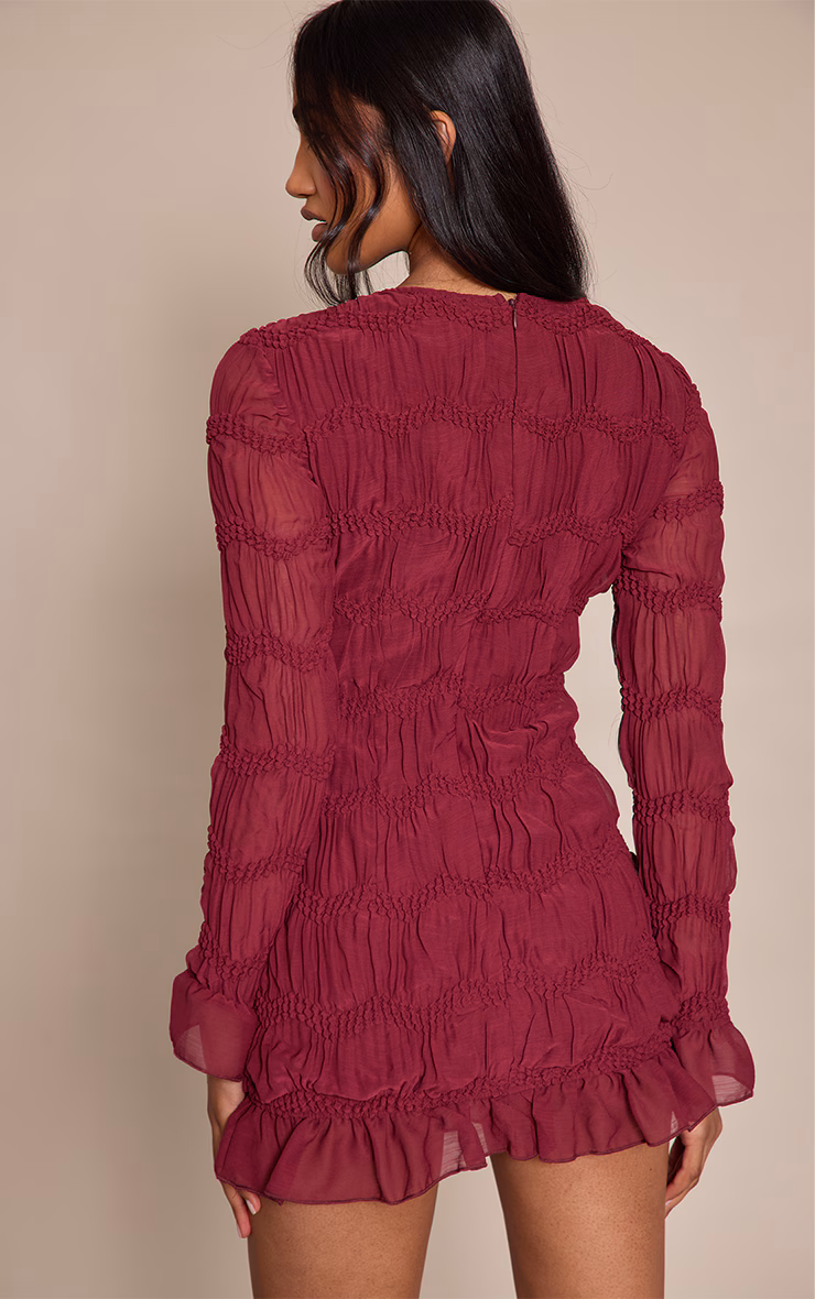 Plum Textured Long Sleeve Crew Neck Mini Dress