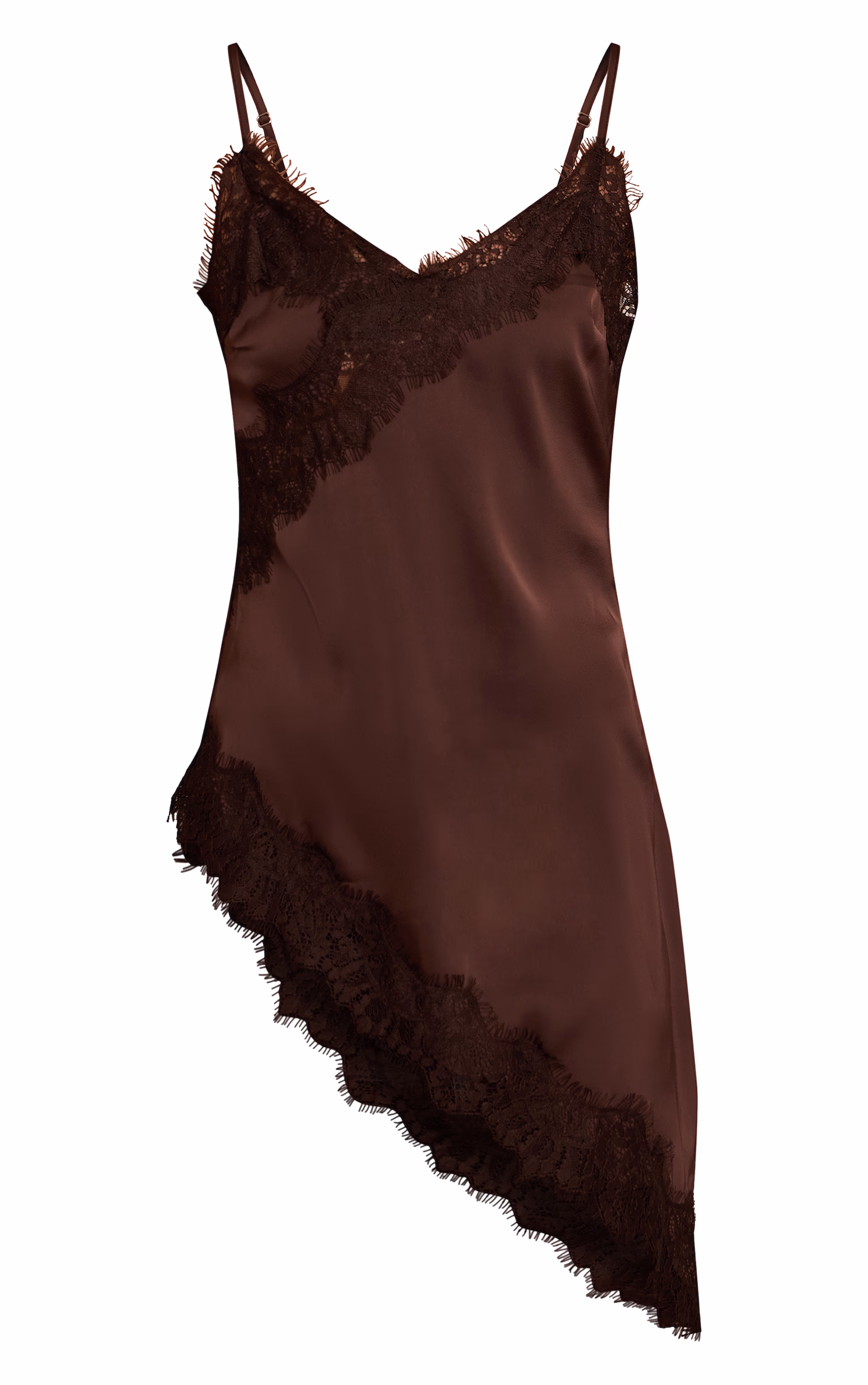 Chocolate Satin Lace Detail Asymmetric Long Top
