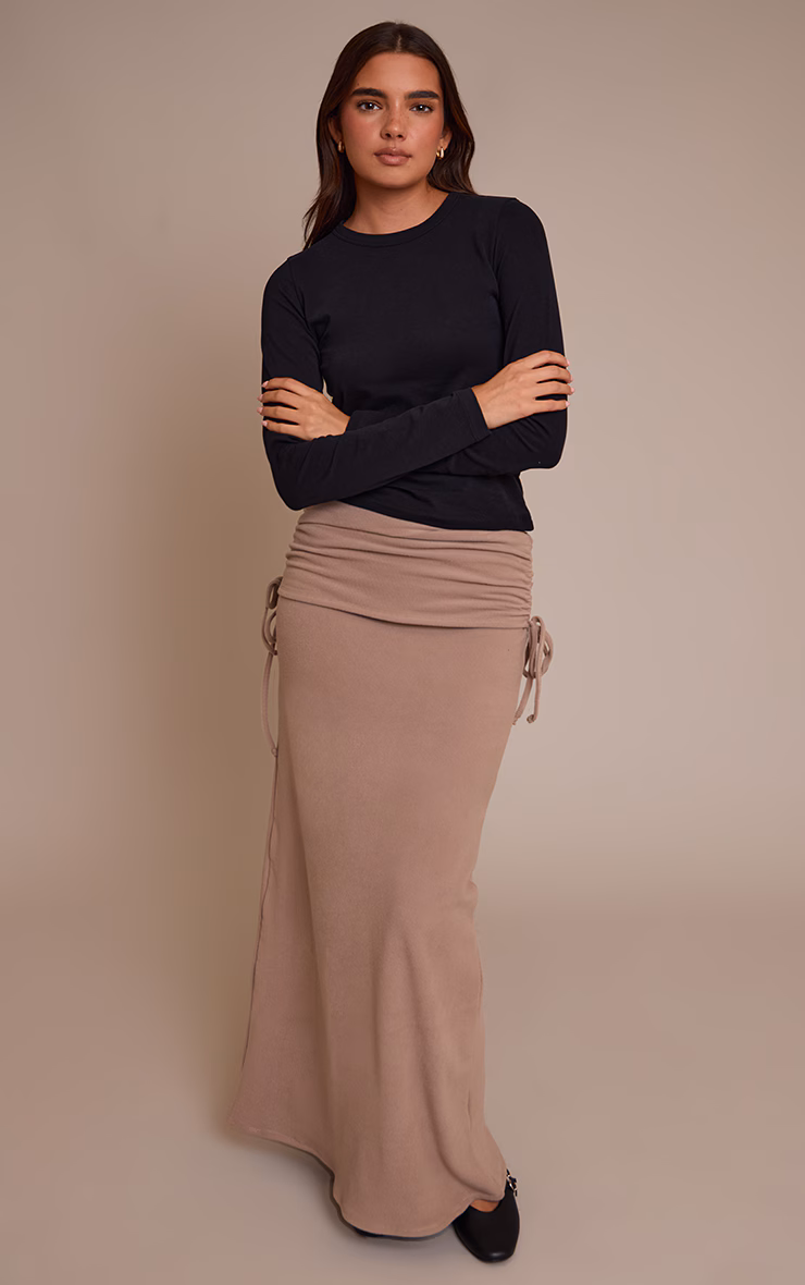 Sand Brushed Rib Ruched Detail Maxi Skirt