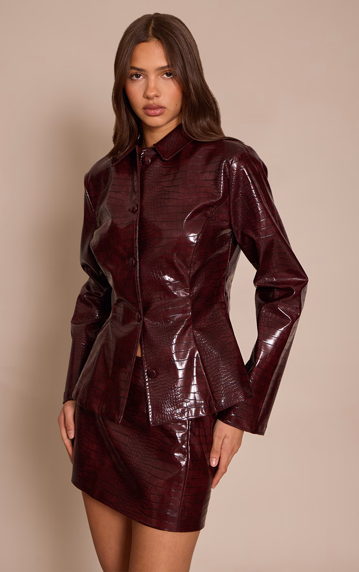 Dark Wine Croc Faux Leather Blazer