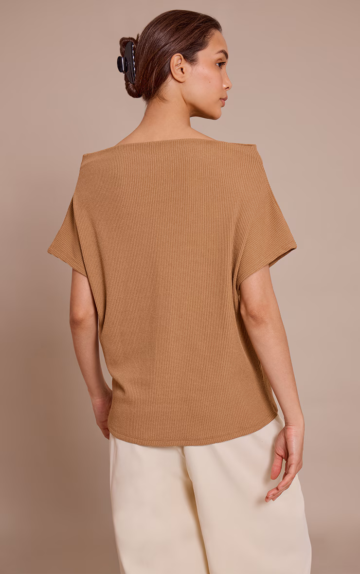 Tan Thick Rib Asymmetric Slouchy Long Top