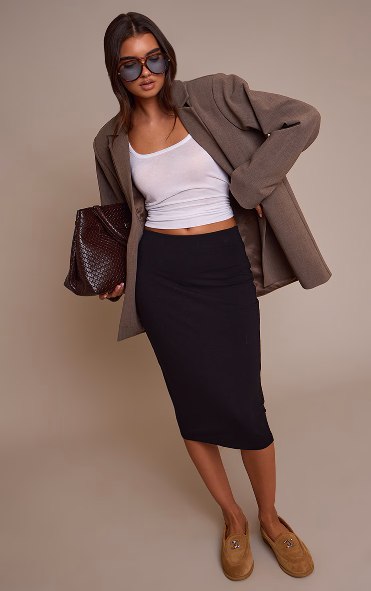 Black Basic Soft Cotton Midi Skirt