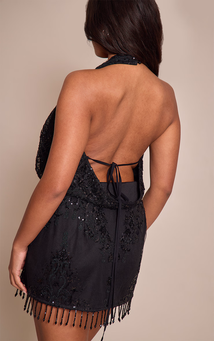 Shape Black Ornate Embellished Cowl Halter Neck Top