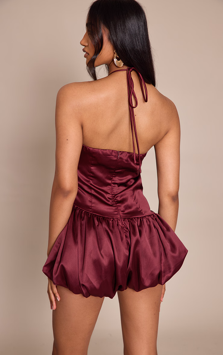 Plum Satin Halterneck Puff Ball Romper