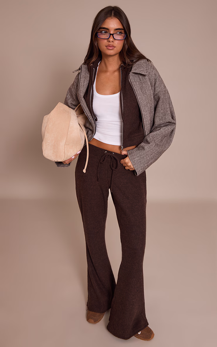 Chocolate Brushed Waffle Rib Skinny Flare Pant