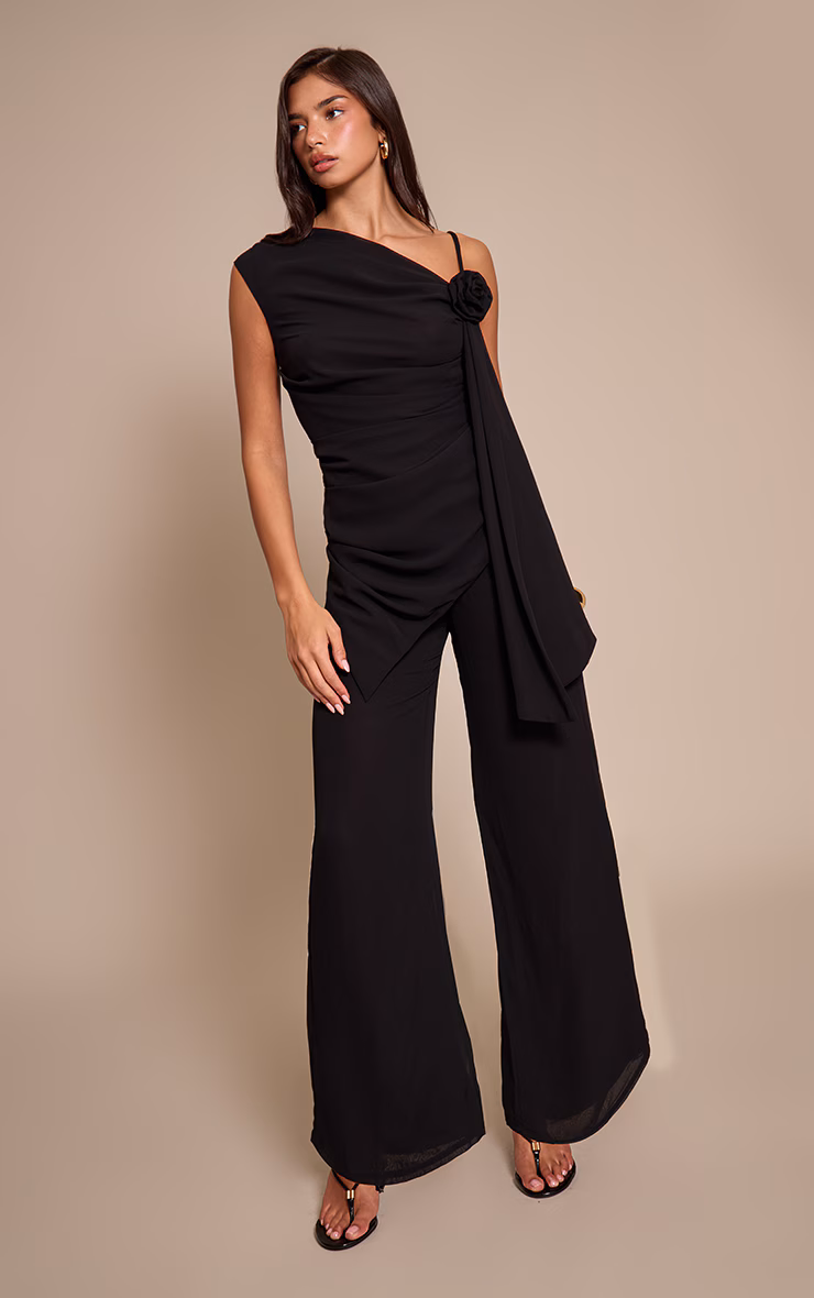 Black Chiffon Corsage Detail Wide Leg Jumpsuit