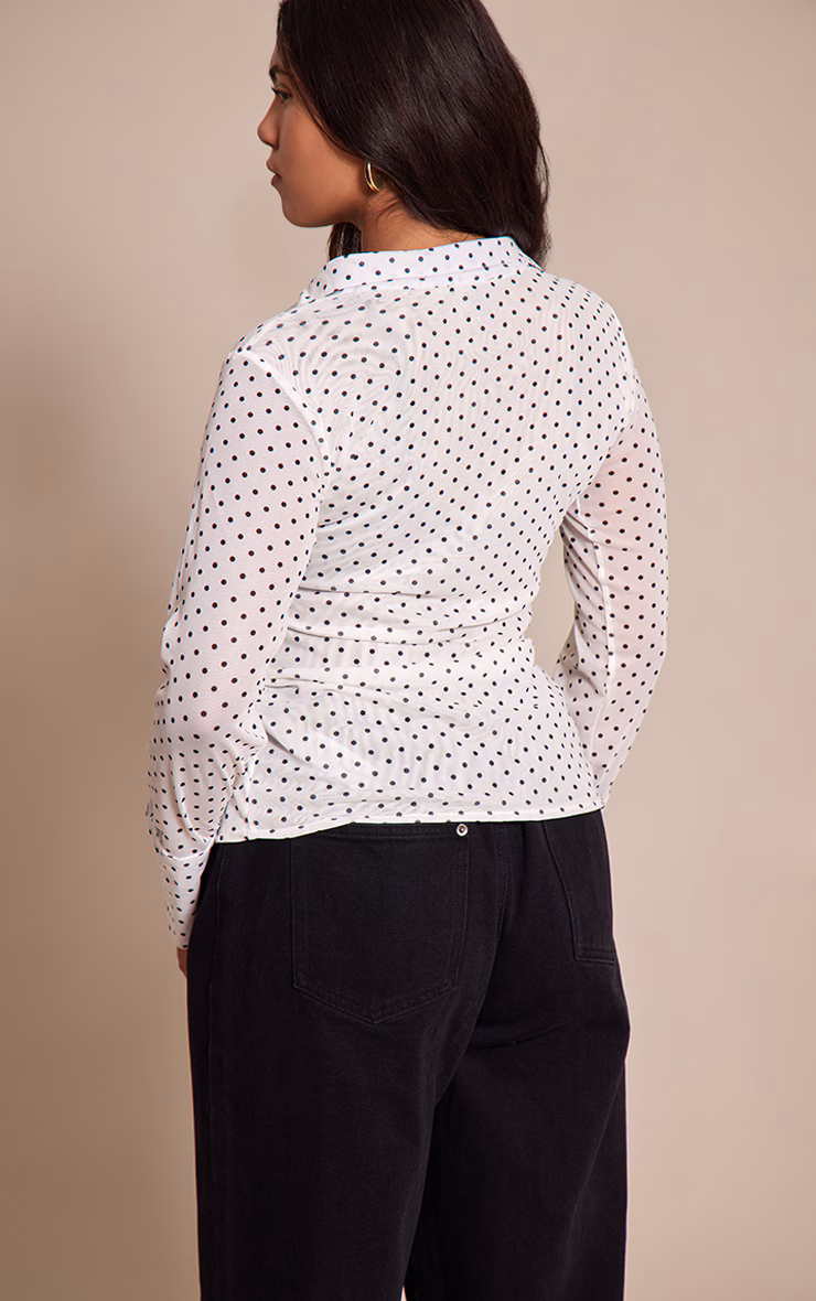 Shape White Polka Dot Ruched Front Mesh Shirt
