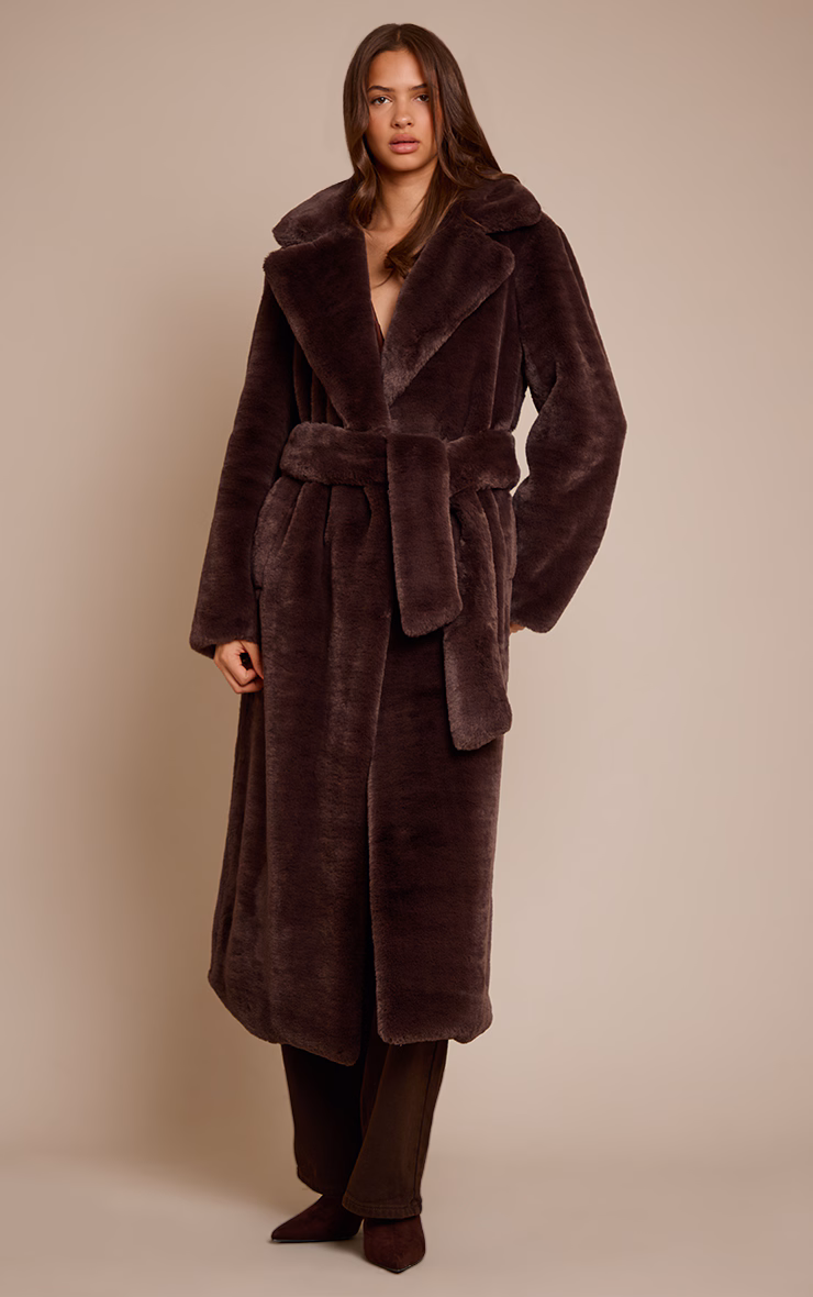 Chocolate Faux Fur Tie Waist Maxi Coat