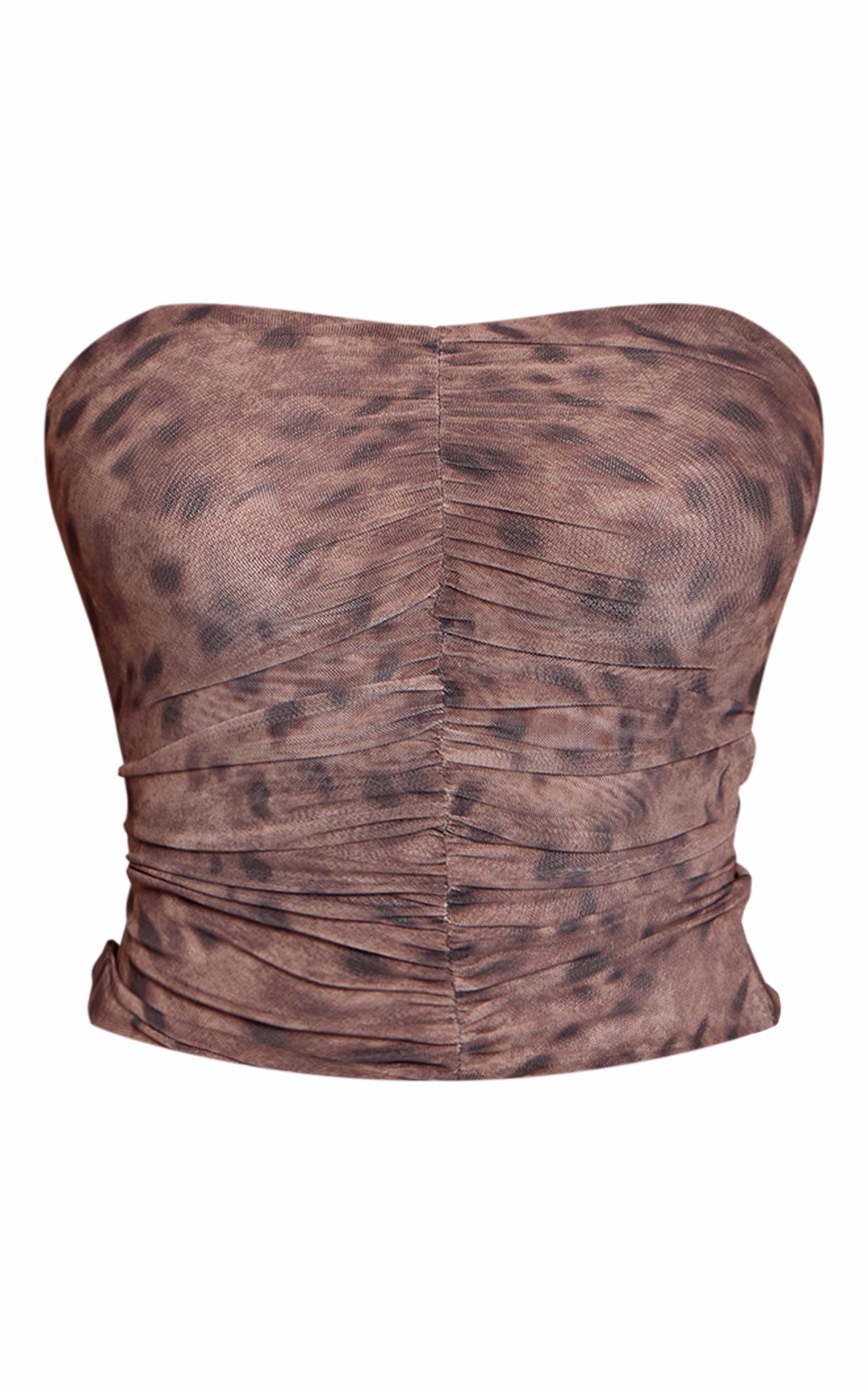 Brown Animal Print Double Layered Mesh Ruched Front Bandeau