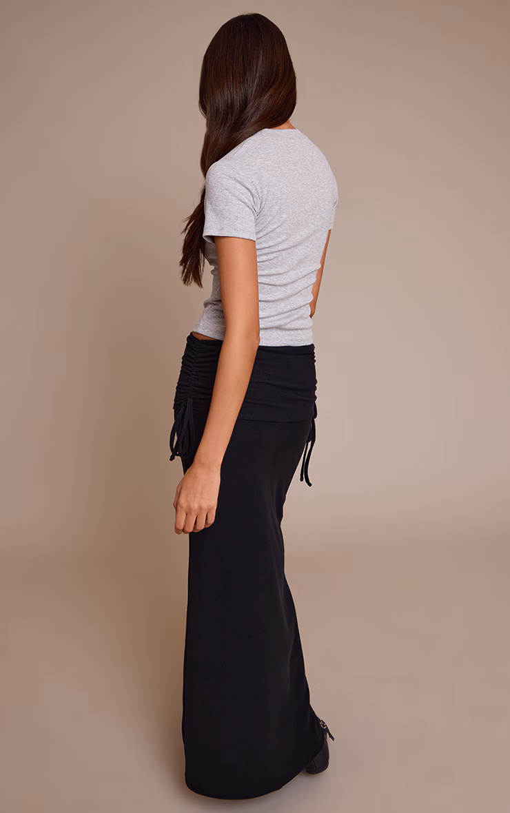 Black Brushed Rib Ruched Detail Maxi Skirt