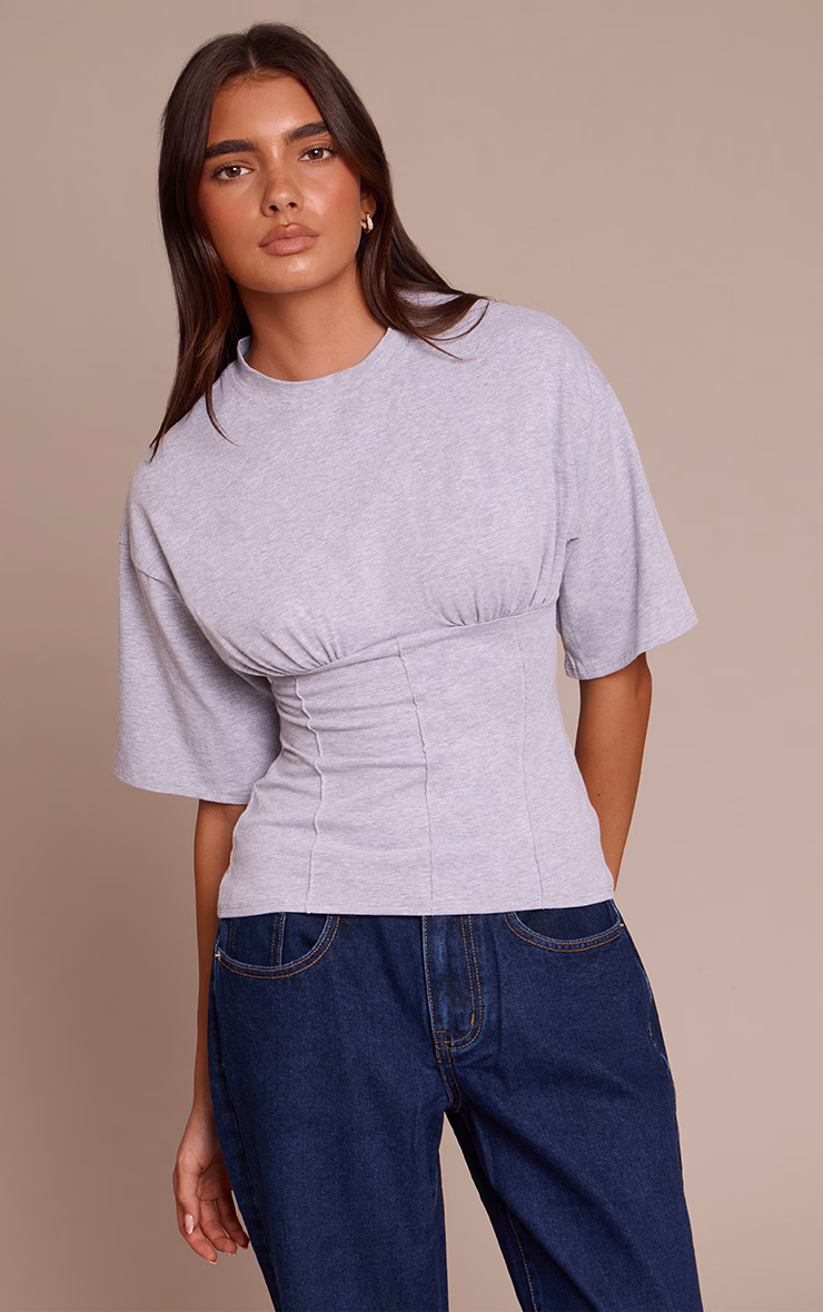 Grey Marl Cotton Ruched Bust Detail Fitted T Shirt